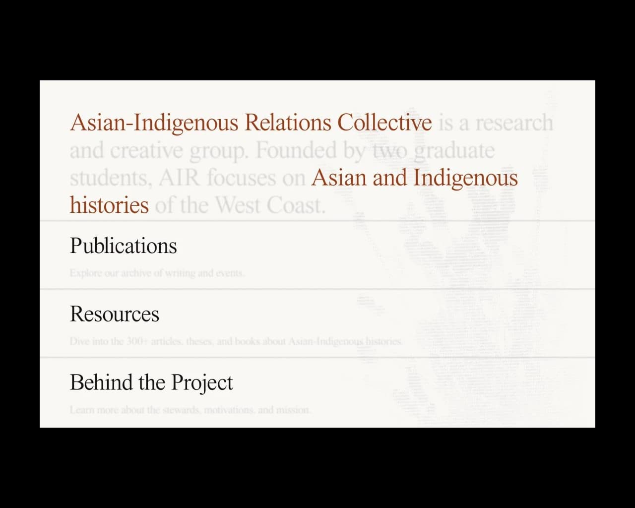 Asian Indigenous Relations live homepage on a black background.