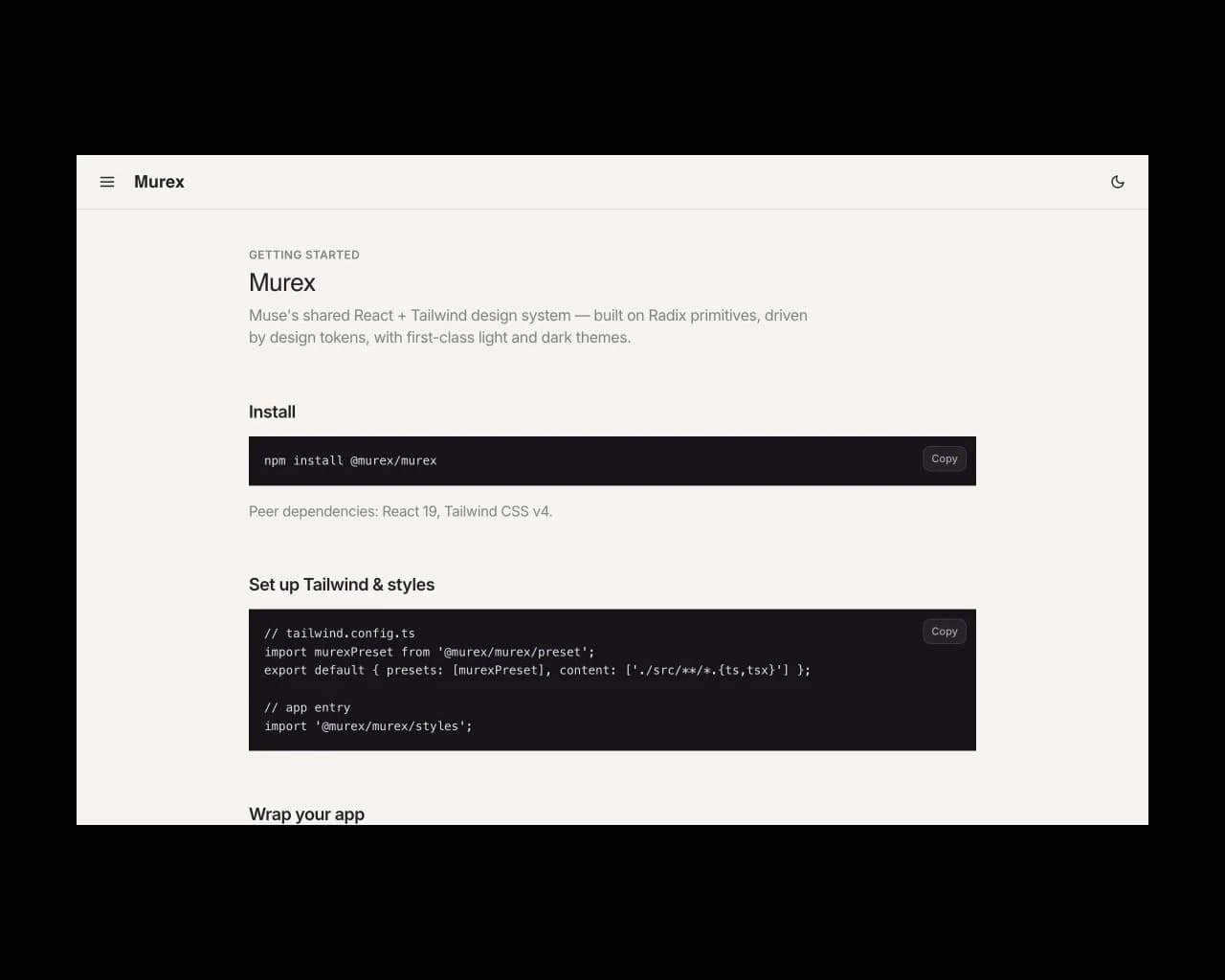 Murex live homepage on a black background.