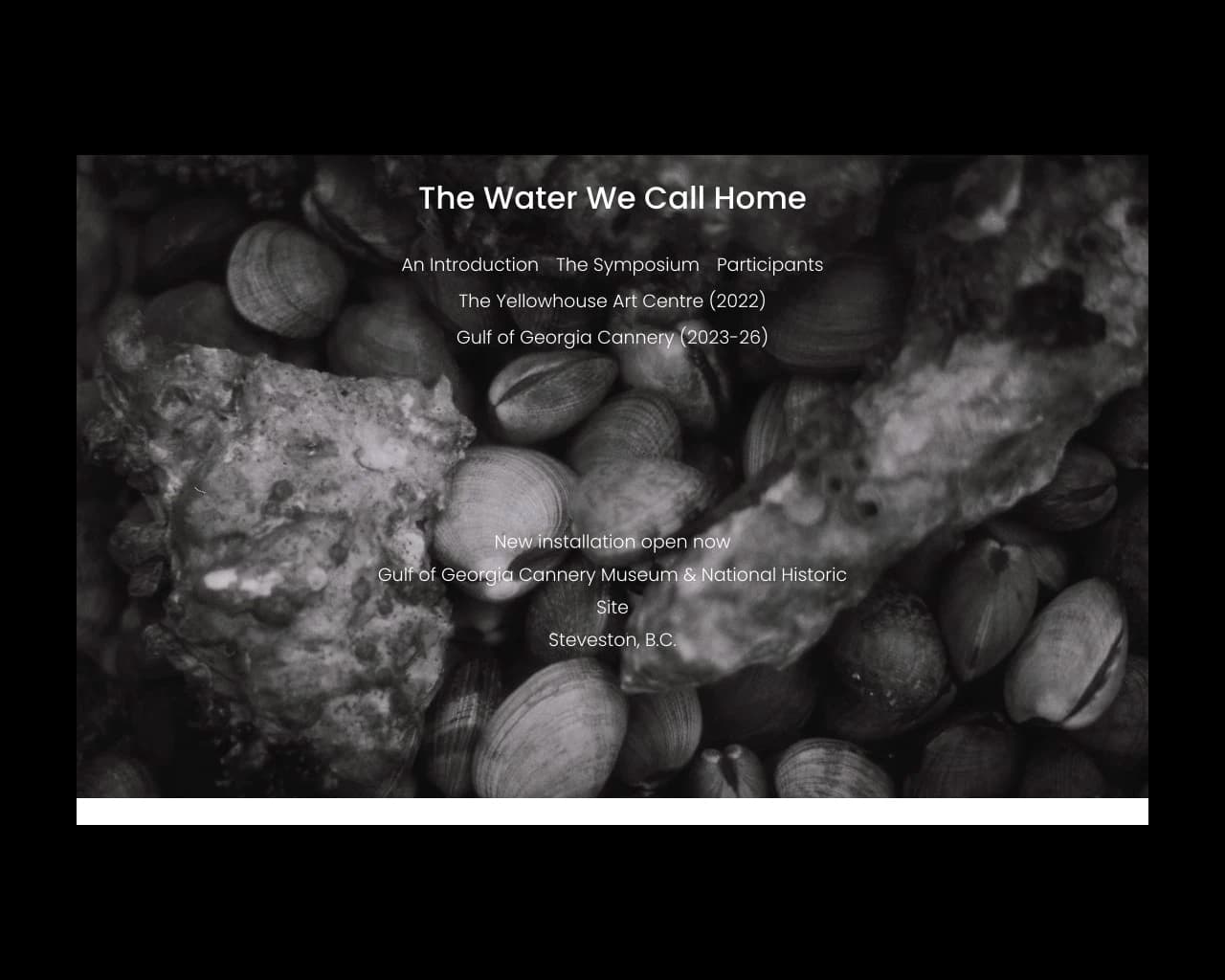 The Water We Call Home live homepage on a black background.