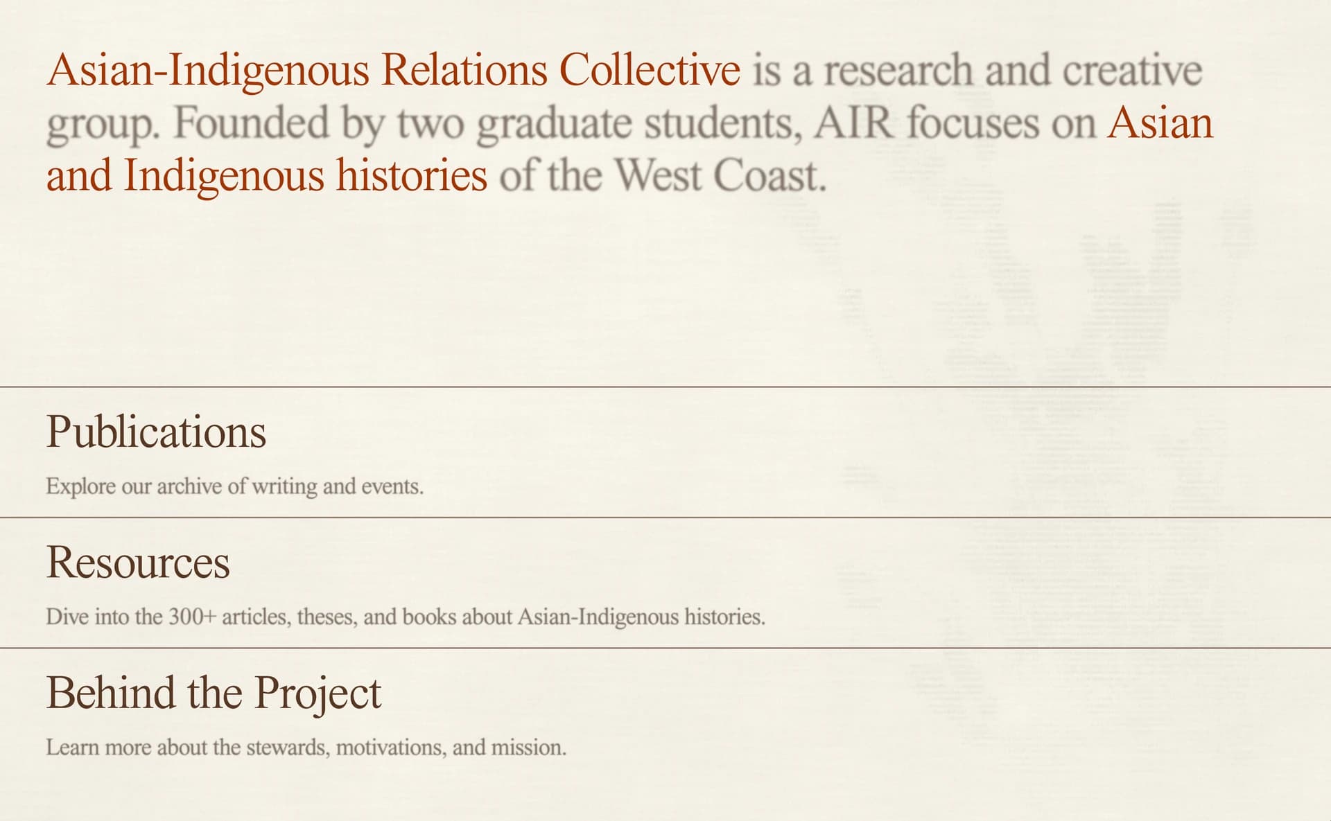 AIR's homepage introducing the collective and linking to publications, resources, and the project story.