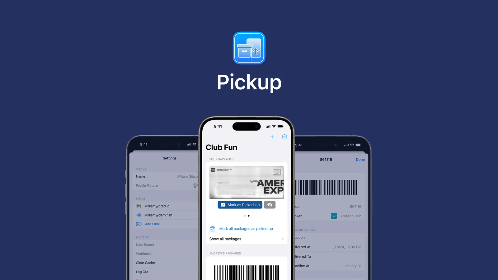 Pickup’s app icon and iPhone designs showing household packages, account settings, and a parcel locker barcode.