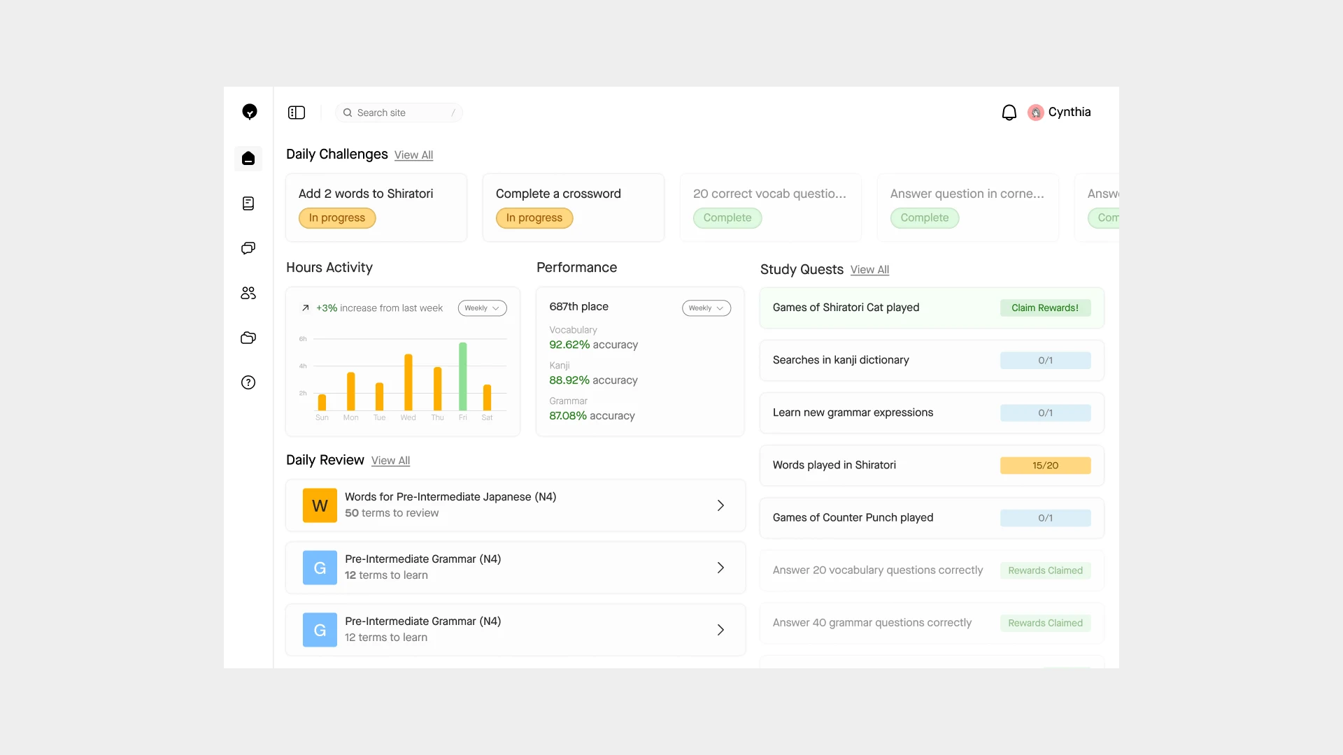 Renshuu’s redesigned dashboard with daily challenges, review decks, progress, and study quests.