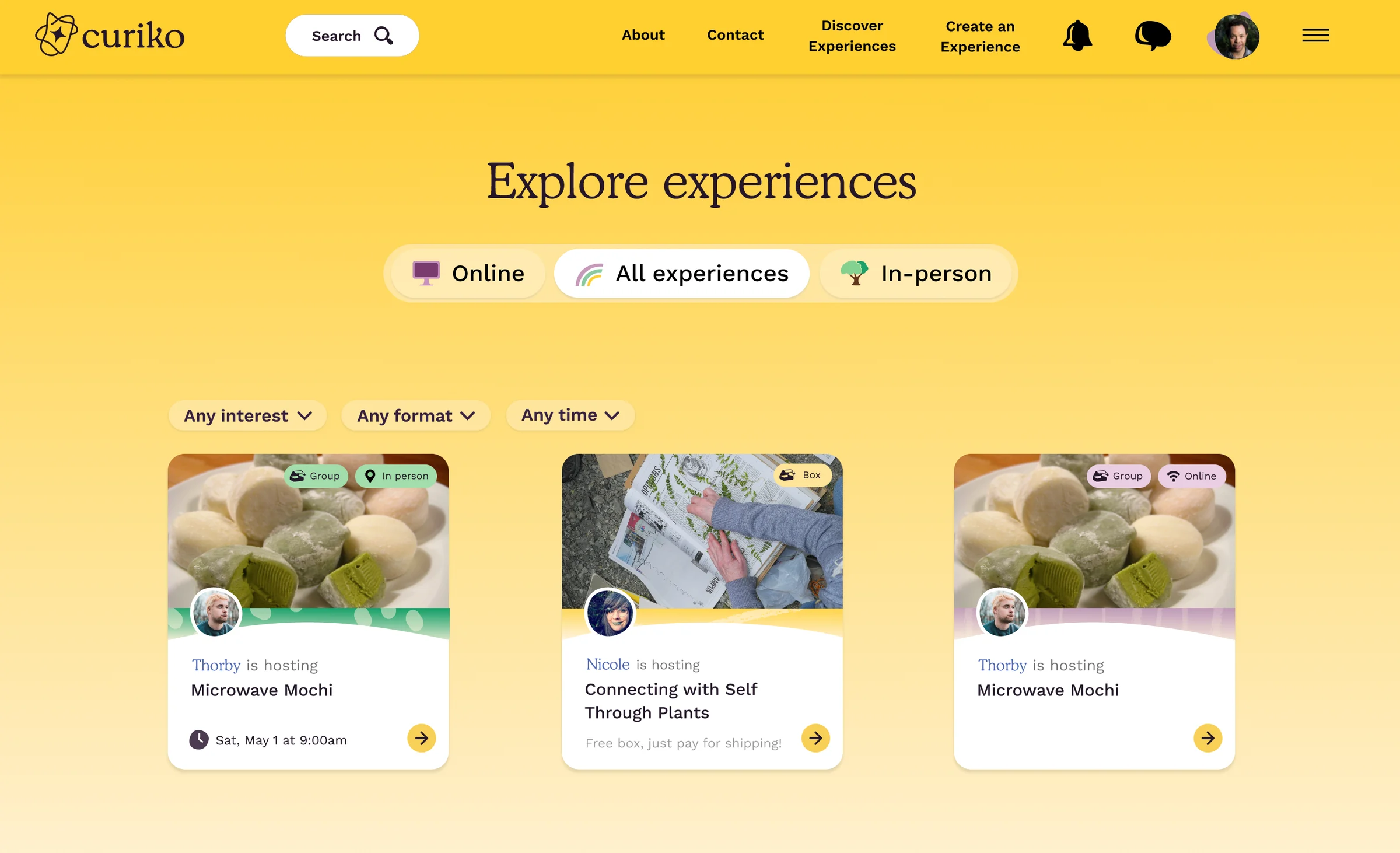 Curiko's yellow Explore page with Online, All experiences, and In-person controls above cards showing hosts and experience formats.
