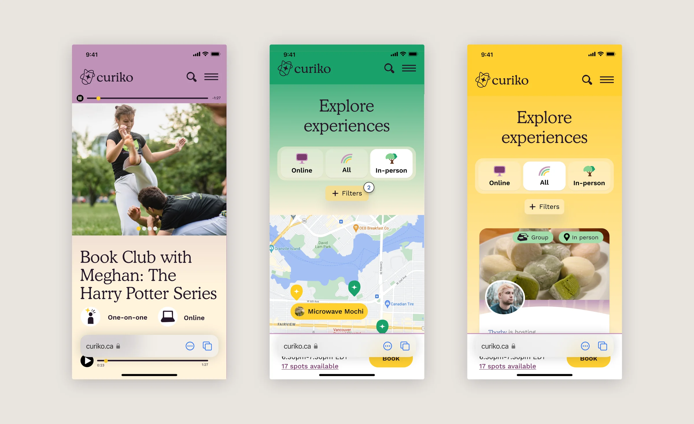Three mobile Curiko explorations show an experience detail page, an In-person view with a map, and an All view with experience cards; each uses large labels and imagery.