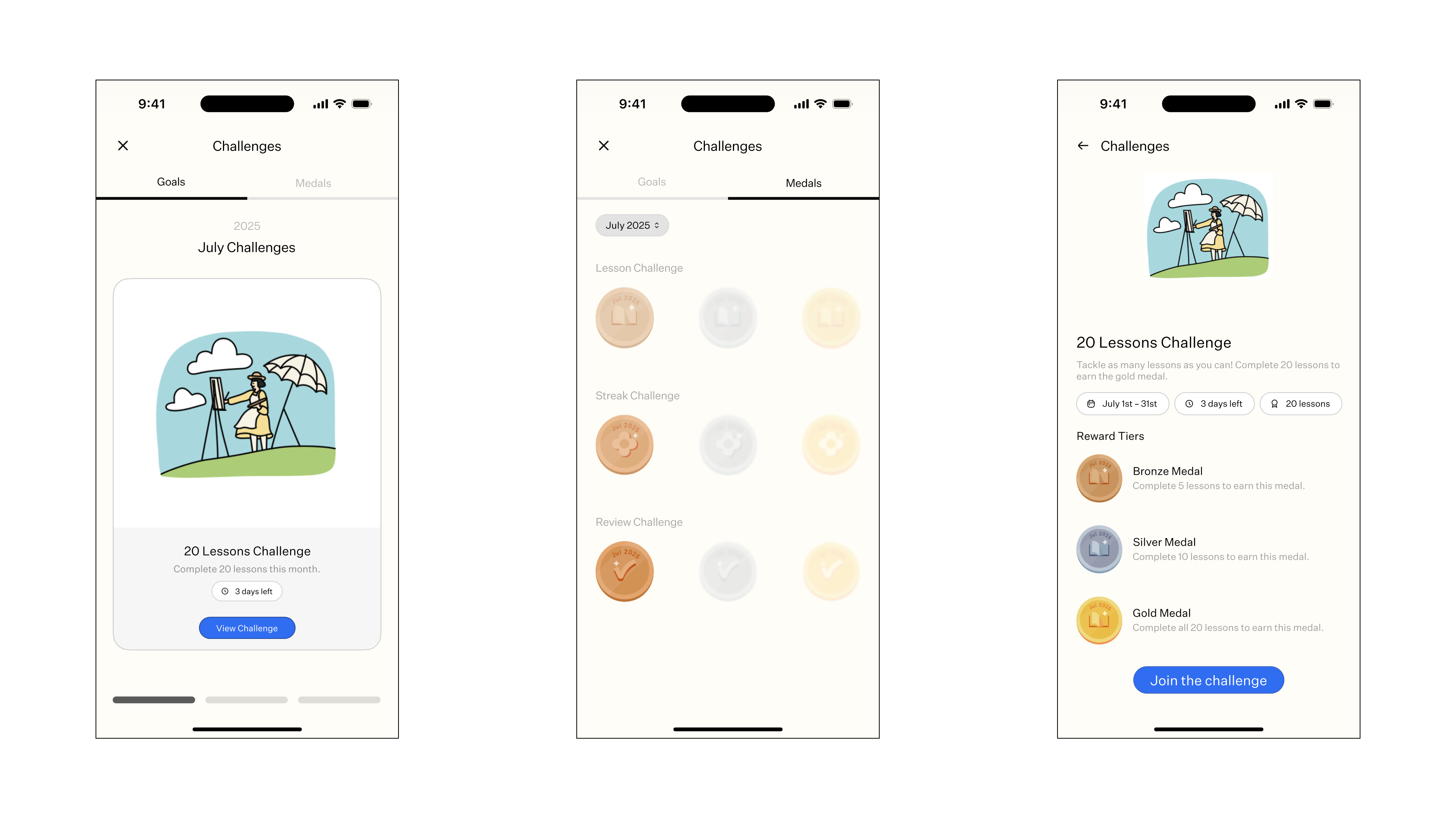 The redesigned challenge home, medal collection, and details screens.