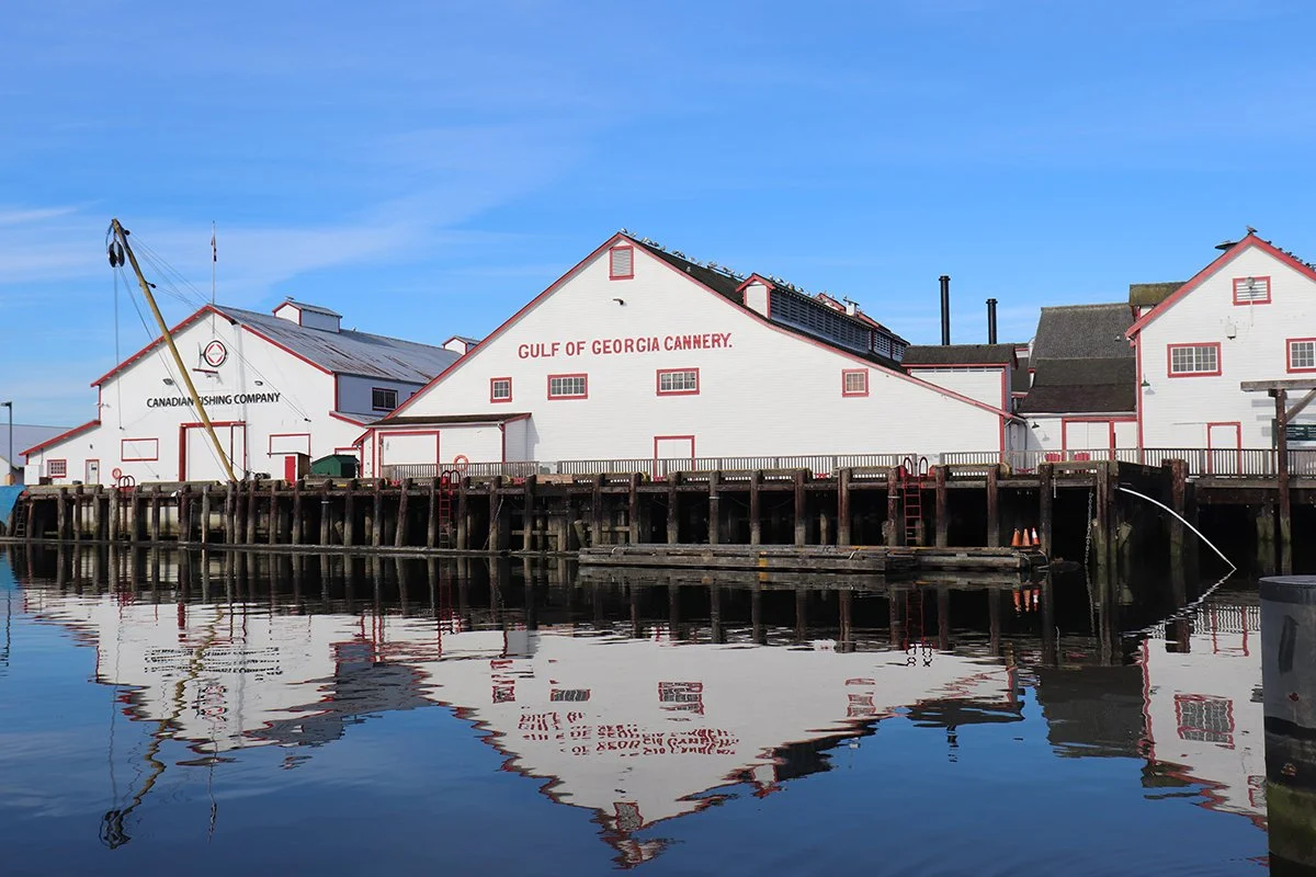 The white and red Gulf of Georgia Cannery buildings reflected in the water at Steveston.
