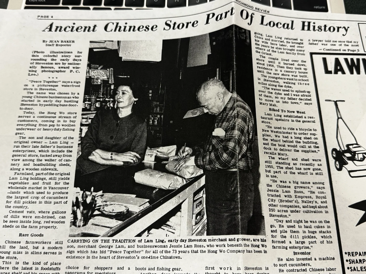 A Richmond Review newspaper feature about the Hong Wo store and Chinese life in early Steveston.