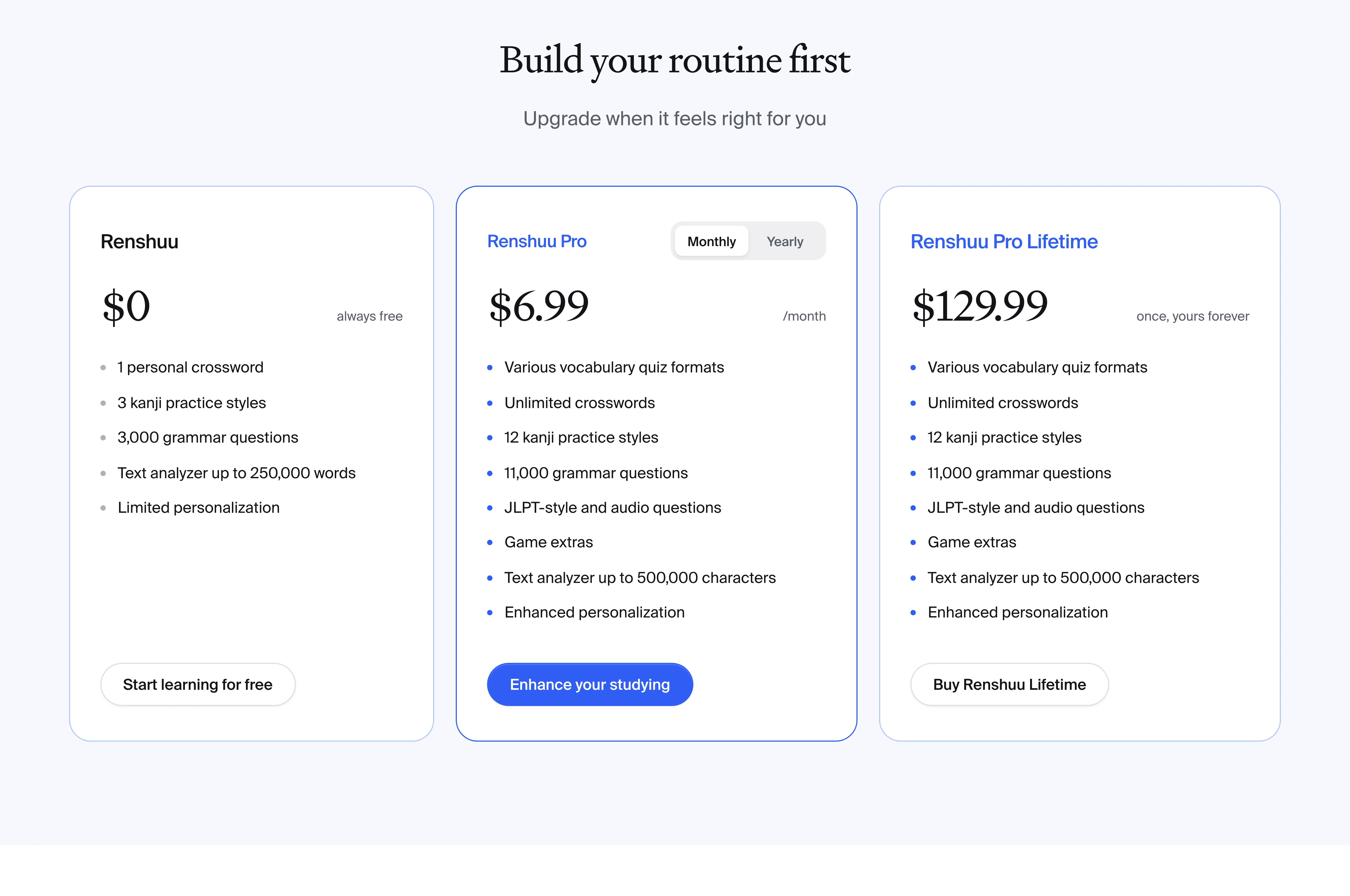 The redesigned Renshuu free and Pro plan comparison with billing options.