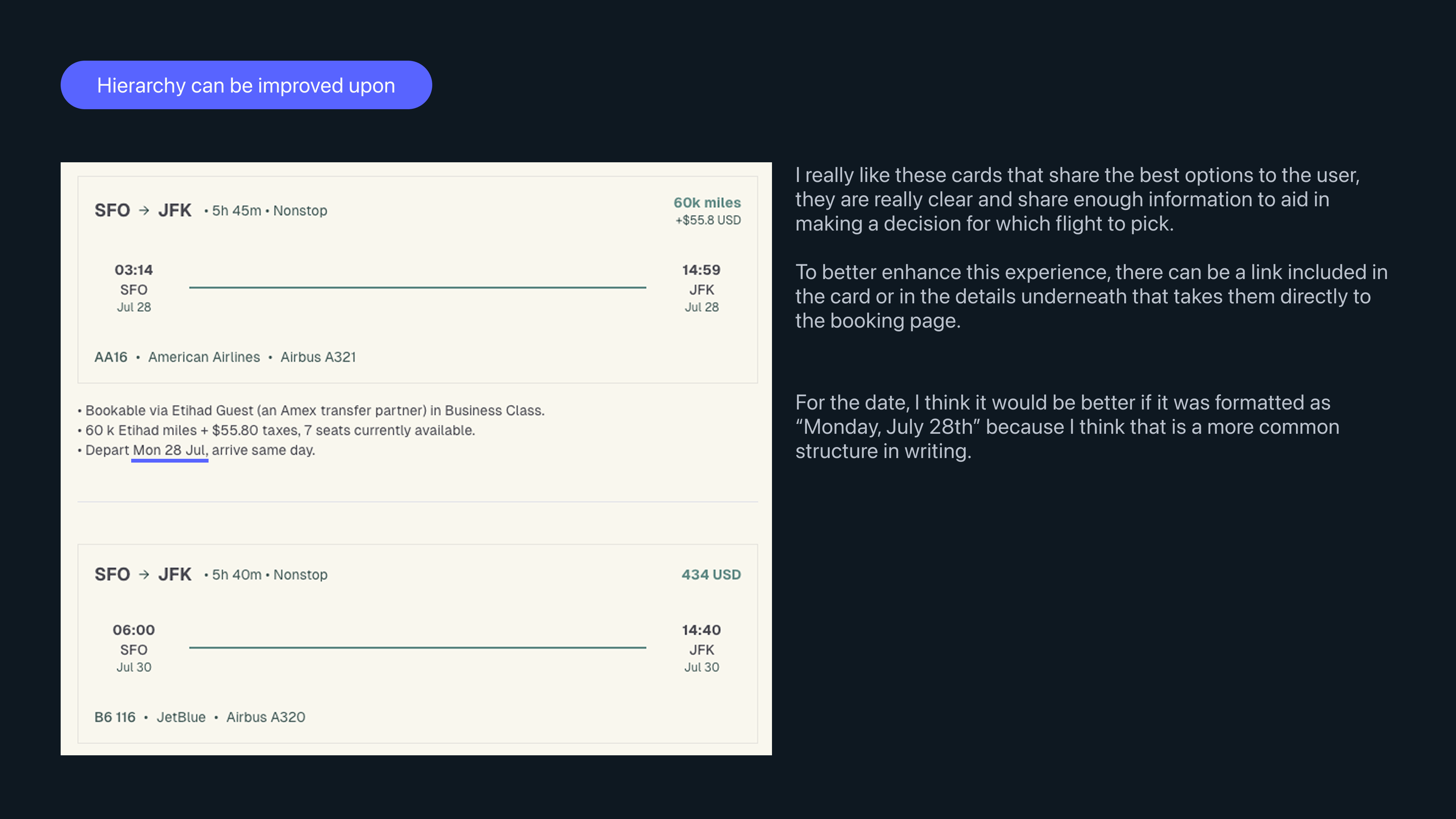 Slide reviewing booking-flow hierarchy opportunities.