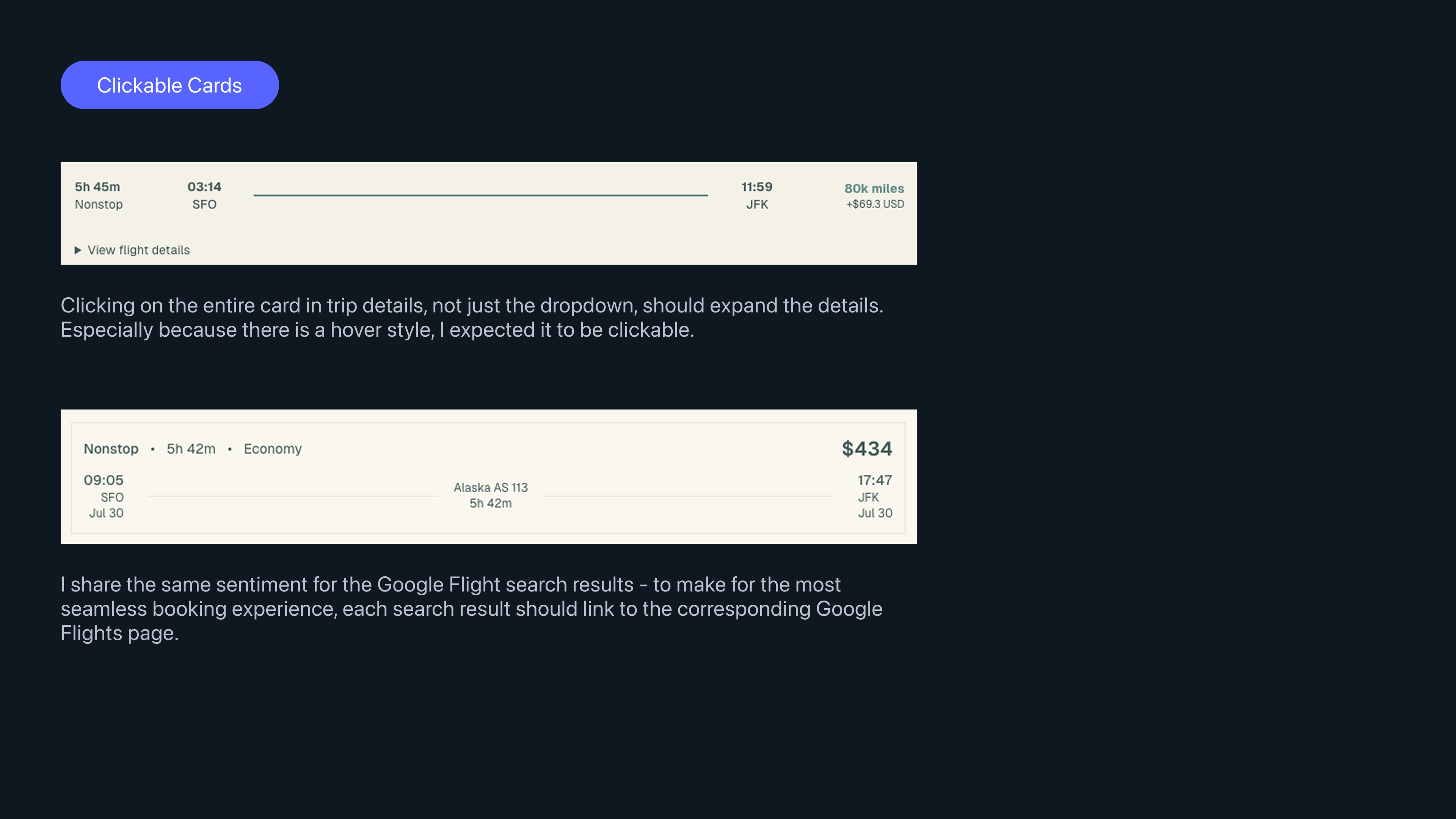 Slide suggesting more clearly clickable card components.