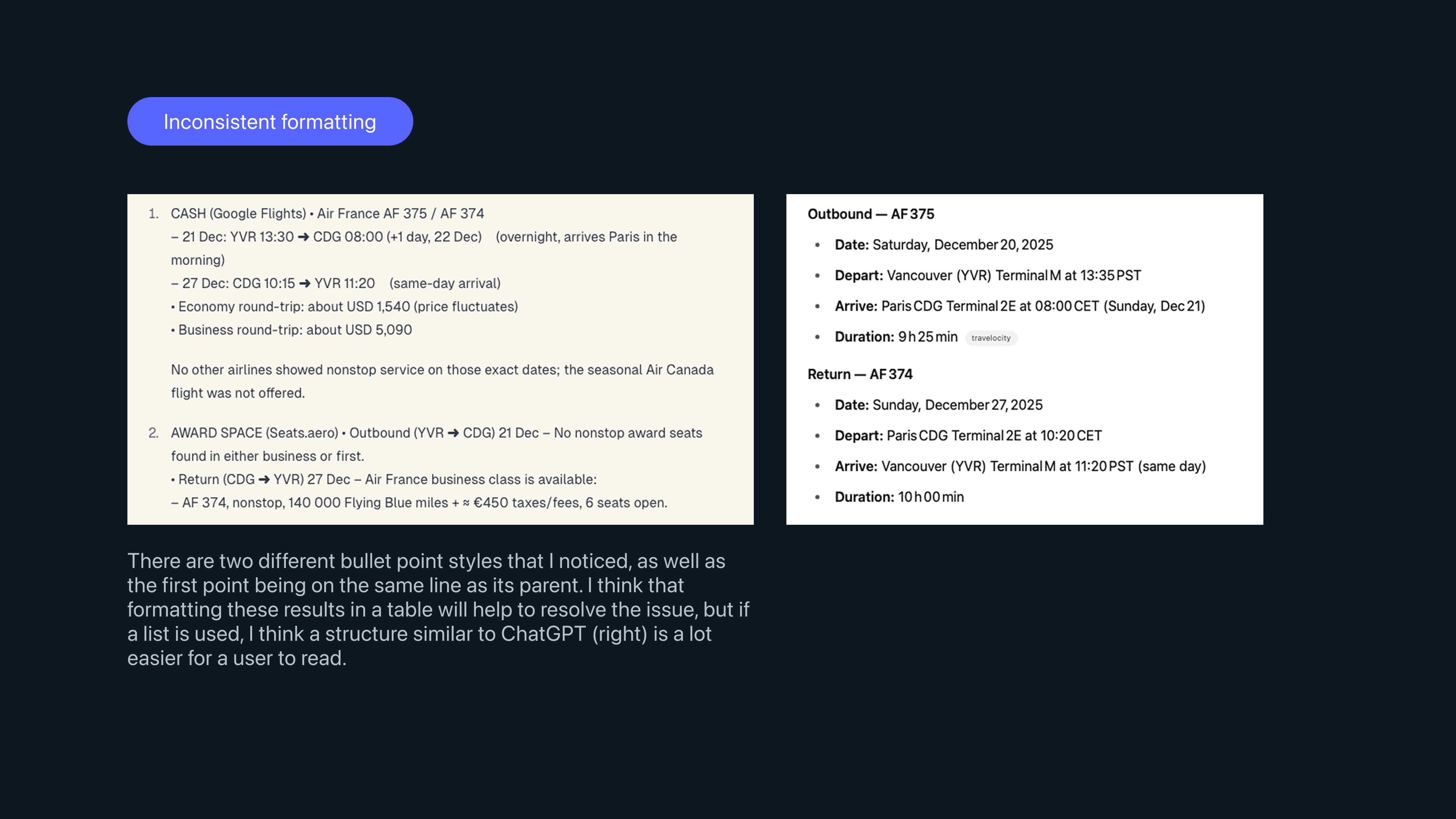 Slide calling out inconsistent formatting across the interface.